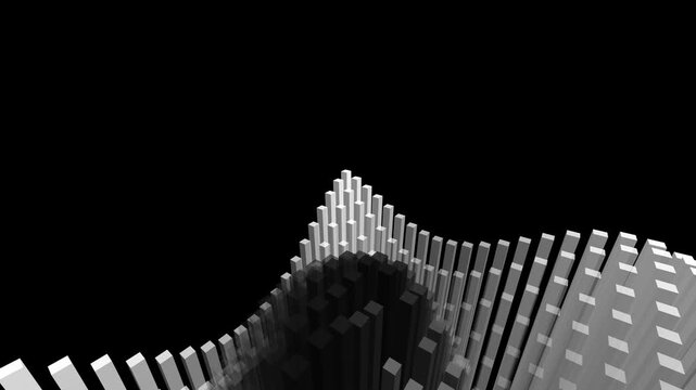 Monochrome 3d columns form a wavy digital terrain undulating smoothly over a black background in an abstract motion graphic