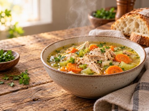 Warm Chicken Soup with Vegetables on Rustic Table