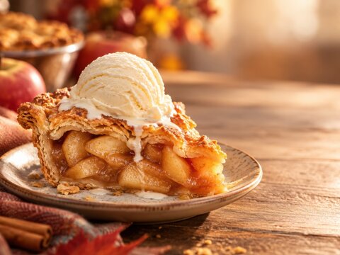 Warm Apple Pie Slice with Vanilla Ice Cream