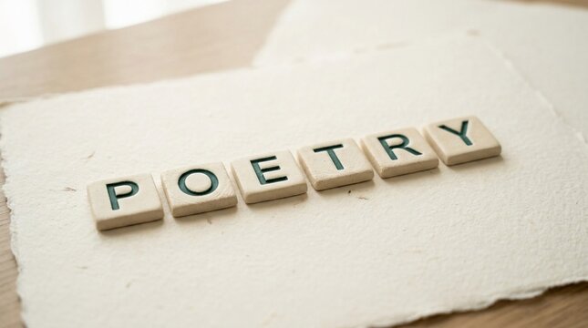 Scrabble tiles spell out the word Poetry on a textured surface, highlighting literary arts