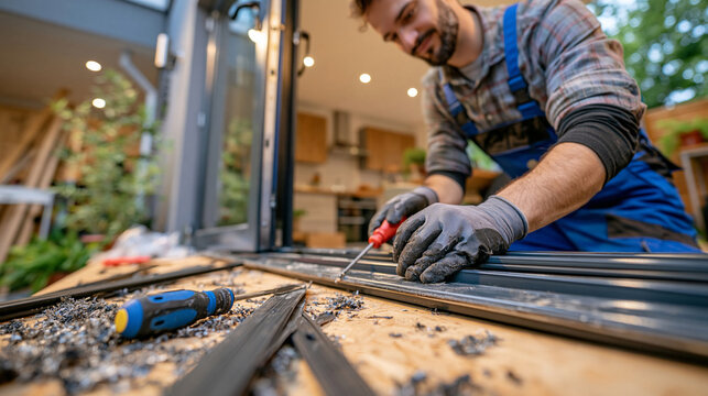 Close up of hands replacing an old door seal with a new insulated weather gasket, screwdriver and replacement material on a wooden surface, practical home improvement concept, detailed realistic pho