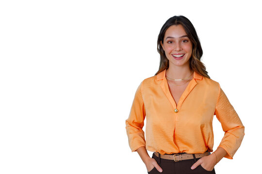 Professional young woman smiling, showing confidence and success, posing in an orange shirt with transparent background