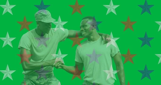 Two african american male soldiers shaking hands against multiple stars icons on black background