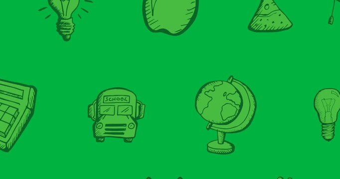 Digital animation of multiple green school concept icons against black background