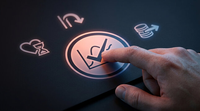 Hand Pressing Glowing Digital Button with Checkmark Symbol Representing Success Choice in Business Health Finance and Time Management Concept