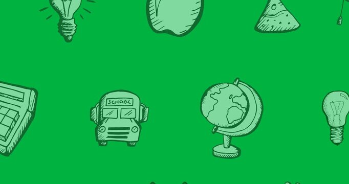 Digital animation of multiple school concept icons against black background