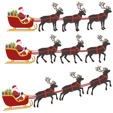 Vector set symbolizing Christmas Eve gift delivery, holiday magic, winter tradition, and festive journey with Santa Claus riding reindeers sleigh standing, walking and flying (cut out)