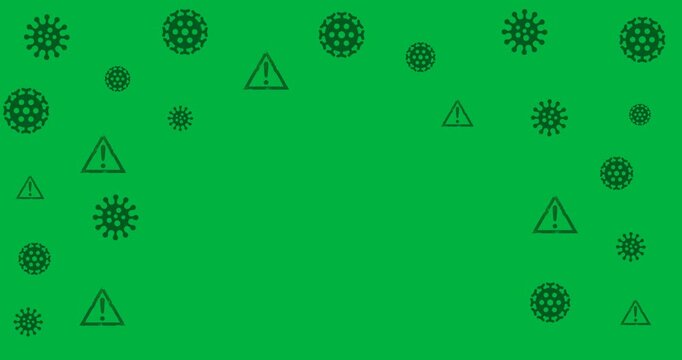 Digital animation of multiple covid-19 cell icons and warning symbols against white background