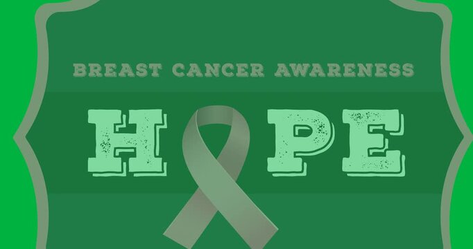 Digital animation of hope text banner with pink ribbon icon against black background
