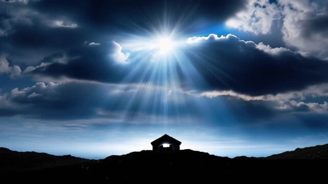 Dramatic rays of sunlight pierce through dark, ominous clouds, illuminating a solitary, silhouetted structure atop a hill. ..Created with Generative AI, not depicting real subjects.