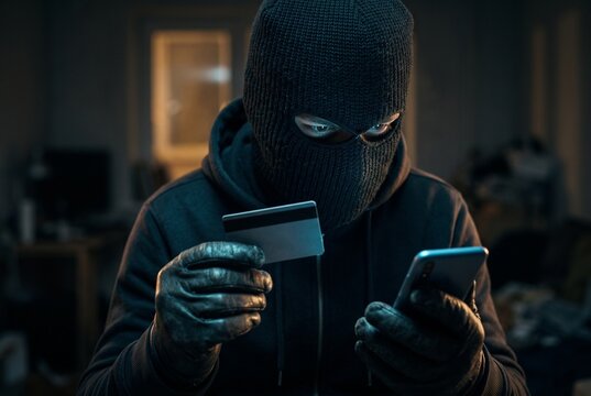 Criminel cagoul&eacute; tenant une carte bancaire vol&eacute;e et un smartphone pour arnaque t&eacute;l&eacute;phonique dans une pi&egrave;ce sombre, concept de cybercriminalit&eacute;
