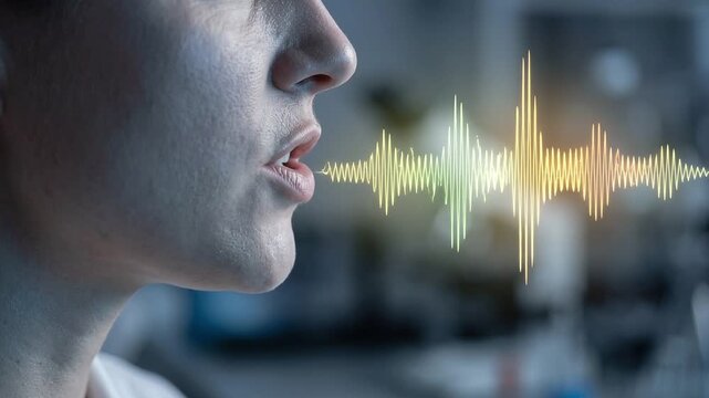 Close up of a person speaking with a colorful digital sound wave visualization emanating from their mouth 4k video