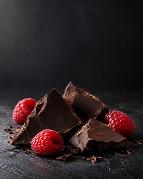 Dark chocolate pieces and fresh raspberries