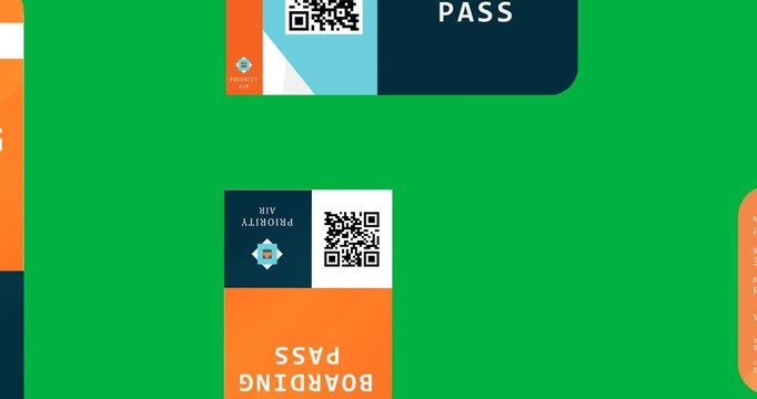 Digital animation of boarding pass icons against copy space on transparent background