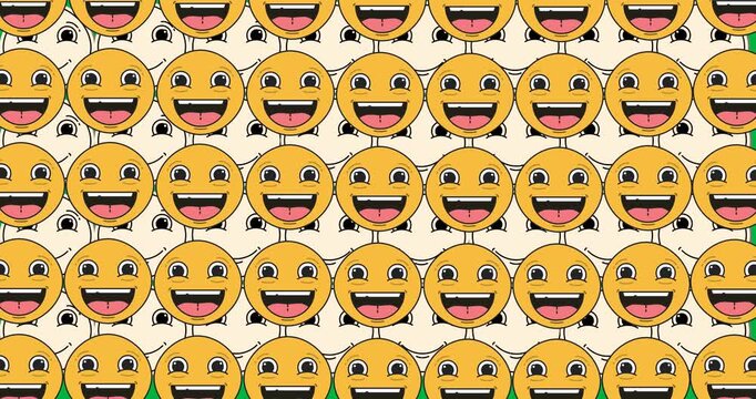 Digital animation of multiple smiley face emojis in seamless pattern against transparent background