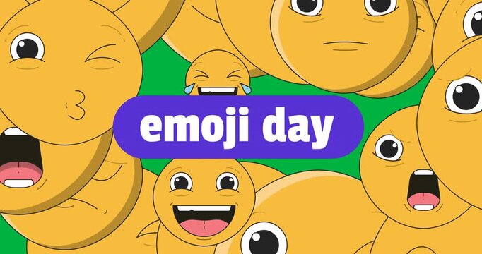 Emoji day text banner over multiple face emojis floating against transparent background