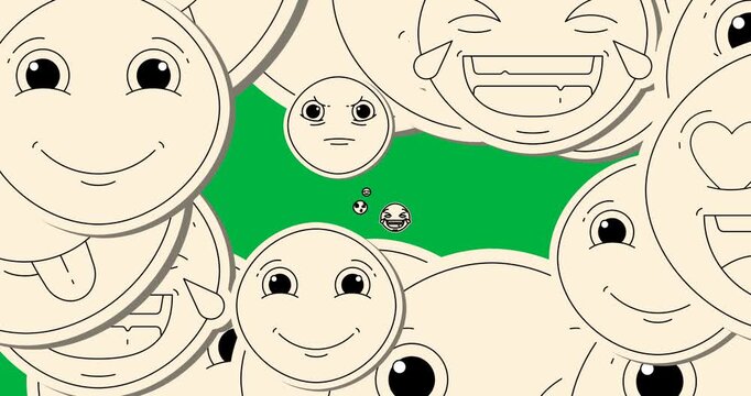 Digital animation of multiple face emojis floating against transparent background