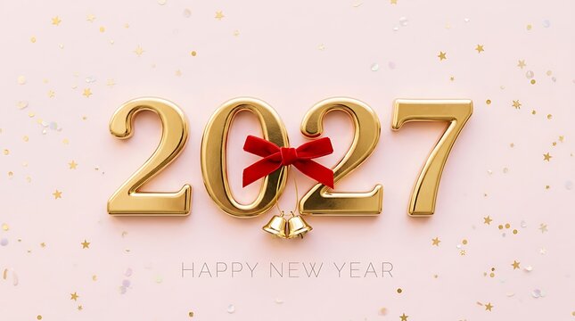 Golden 2027 new year celebration with gift and festive confetti background