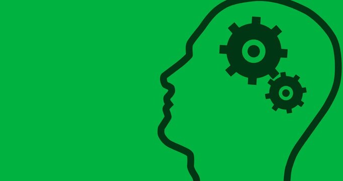 Animation of human profile model with cogs inside on transparent background