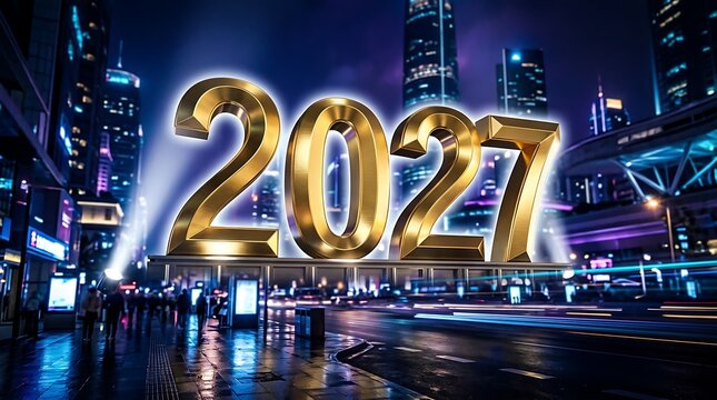 Golden 2027 new year celebration over vibrant city skyline background