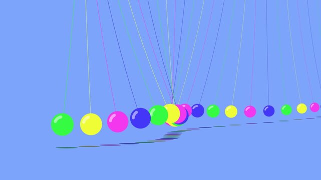 Colorful pendulum balls swing in harmonic wave motion against a light blue backdrop in a stylized 3D animation