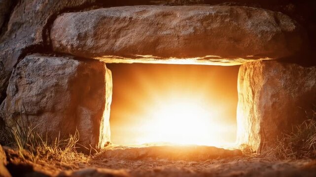 The entrance to an ancient tomb opens to reveal a glowing, warm light emanating from within, hinting at mystery and discovery. ..Created with Generative AI, not depicting real subjects.
