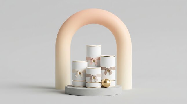 Minimalist product display with abstract arch and pastel gradient lighting