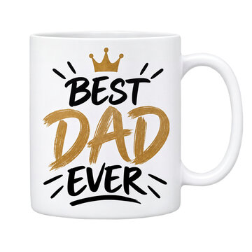 White ceramic coffee mug with gold crown and brush-stroke lettering that reads Best Dad Ever, isolated transparent PNG product shot