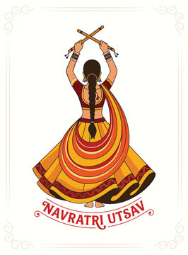 Indian woman performing garba dance with dandiya sticks for navratri utsav festival celebration poster.