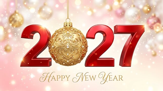 Festive new year 2027 celebration with gold ornament and red numbers