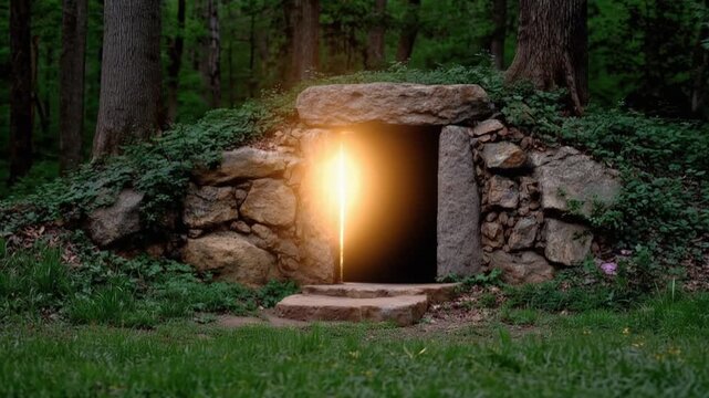 Mysterious glowing entrance to an ancient stone structure hidden within a dense forest, promising an untold story or hidden treasure. ..Created with Generative AI, not depicting real subjects.