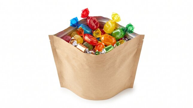 Colorful candies in an open brown kraft paper pouch