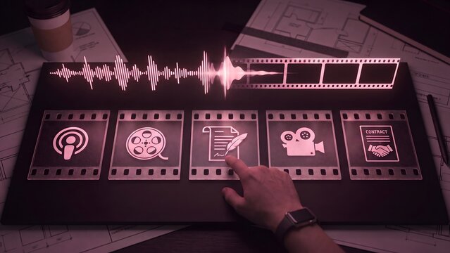 Multimedia production and content creation concept, film producer managing project workflow, audio visual synchronization, cinema contract negotiation, media studio planning, digital art