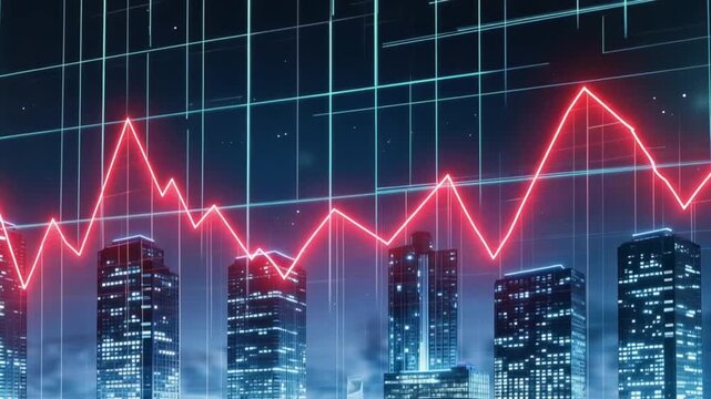 A dramatic red stock market graph line dramatically drops over a futuristic cityscape, signifying financial volatility and market downturn. ..Created with Generative AI, not depicting real subjects.