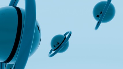 Cute Blue Cartoon Planets with Rings and Faces Floating in Space, Minimalist 3D Illustration for Kids Education and Astronomy Background © Sumeet