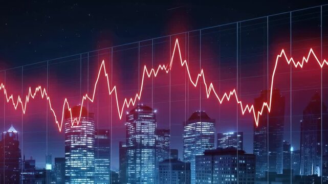 A dramatic red graph showing a sharp decline overlays a modern city skyline at night, symbolizing financial recession and market crash. ..Created with Generative AI, not depicting real subjects.