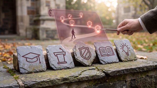 Professional training and educational roadmap concept, student following learning path with digital icons, academic success strategy, knowledge growth, corporate curriculum