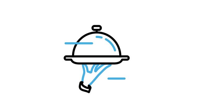 Waiter serving food with cloche tray icon animation. Hand with plate animated video loops for restaurant, chef service, menu, dinner, culinary, cafes, catering. Motion graphics with alpha channel