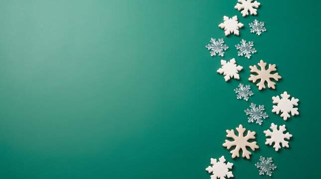 Snowflake ornaments arranged in a vertical border on a solid teal green background with copy space