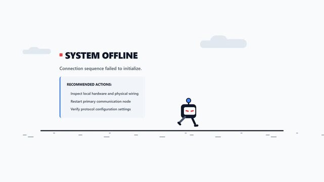 Robot character jumping over hurdles on a system offline page