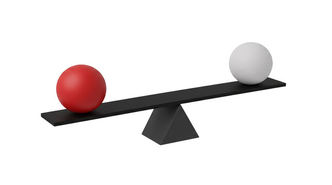 balanced seesaw with red and white spheres cut out