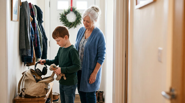 Boy packing earmuffs and a toy beside an older woman