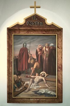 Stations of the Cross by an unknown artist in the ambulatory of the Catholic pilgrimage church of the Holy Trinity in Kappl, Waldsassen, Tirschenreuth district, Upper Palatinate, Bavaria, Germany. 11 Station, Jesus is nailed to the cross