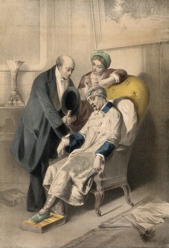 A sick man sticks out his tongue while a doctor takes his pulse. The patient holds green glasses in his left hand. The woman holds a cup with a spoon. Doctor and patient, taking pulse, 1870, France, Historic, digitally restored reproduction of an original of the time