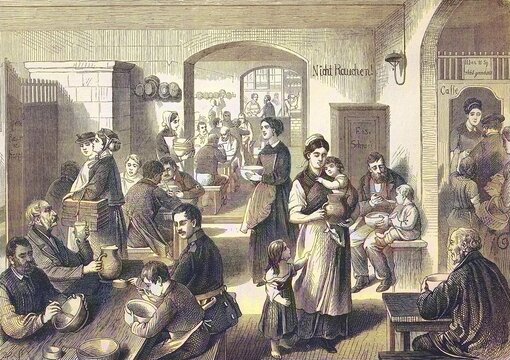 The New People's Kitchen for the Poor and Needy, founded by Lina Morgenstern, 1869, Berlin, Germany, Historical, digitally restored reproduction of an original 19th century original, exact original date unknown