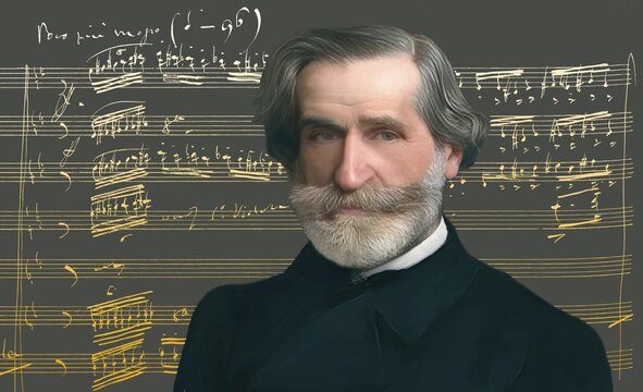 Giuseppe Verdi, 1813 &ndash; 1901, Italian opera composer, autograph notesheet from Don Carlos, digitally edited after a painting of Giovanni Boldini