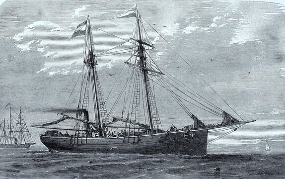 The Germania was a German schooner built in 1869 in Geestem&uuml;nde, Bremerhaven, and was the main research vessel of the Second German North Pole Expedition from 1869 to 1870, which explored Northeast Greenland, Historic, digitally restored reproduction of a 19th century original, exact date unknown