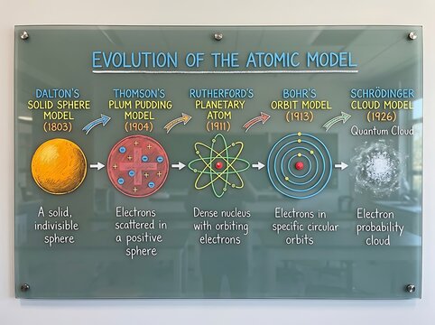 Educational poster showing the historical evolution of the atomic model from dalton to schrodinger with evolution of atoms science education chemistry timeline atomic theory thomson model