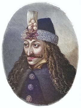 Vlad Tepes (Vlad IV, the Impaler), ruler of Wallachia 1456-62, 1476-77, apparently the source of the Dracula of Transylvanian legend, as Vlad was a member of the Order of the Dragon (dracul) . Engraving, Historical, digitally restored reproduction from a 19th century original, Record date not stated