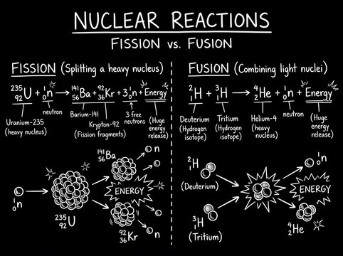 Educational physics chalkboard diagram comparing nuclear reactions between fission splitting heavy nucleus and fusion combining light nuclei with nuclear reaction science education chalkboard